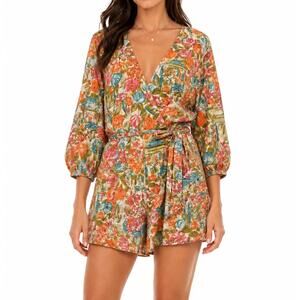 Isabel Lu 100% Silk Floral Belted Romper Size Large Multicolor Garden Print
